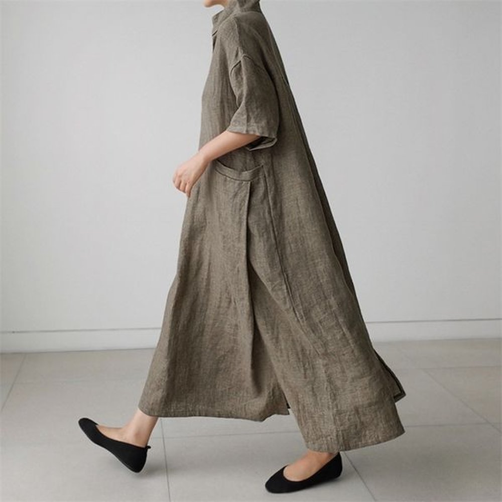johnature women vintage cotton linen dresses vneck solid color robes