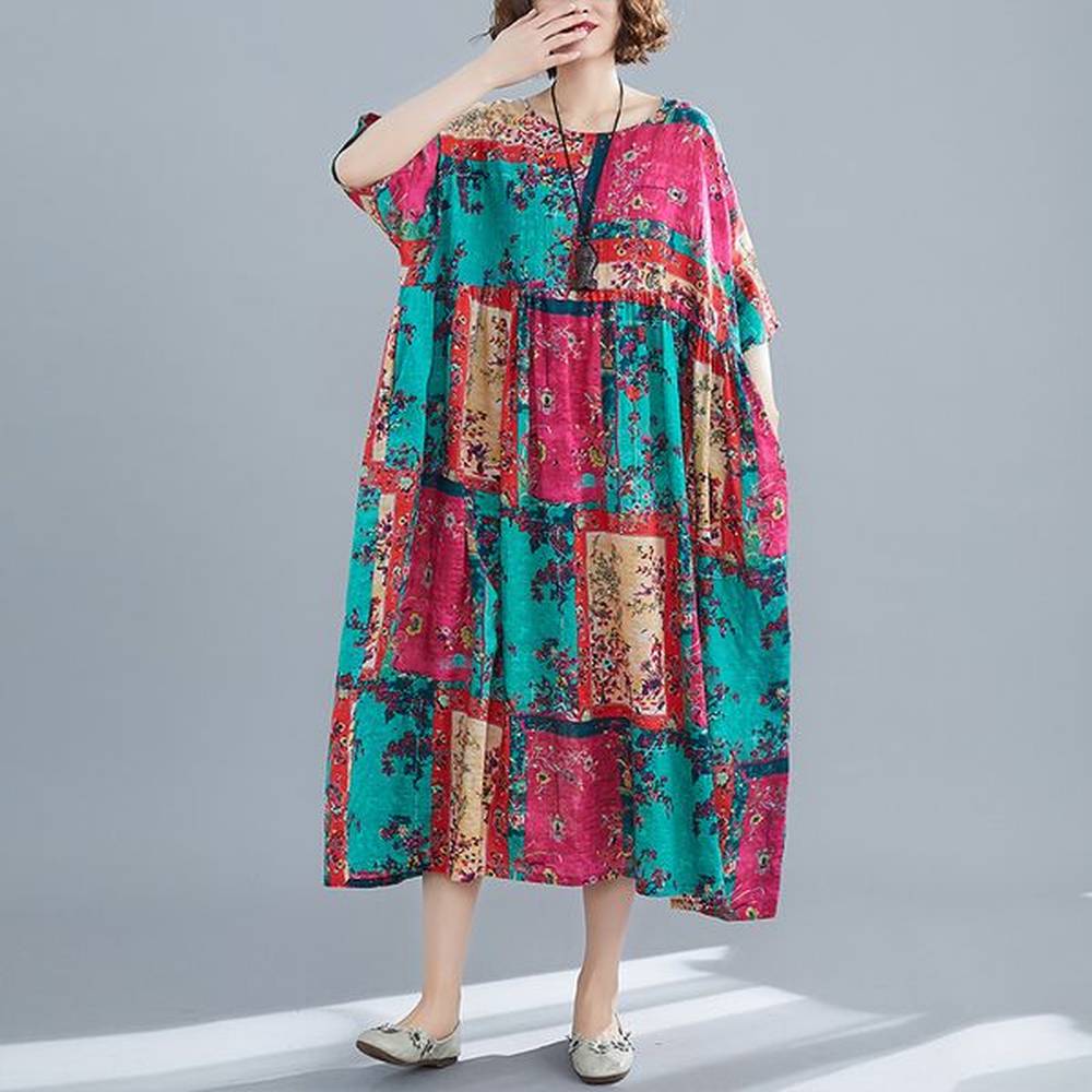 johnature women vintage print floral dresses summer patchwork oneck short