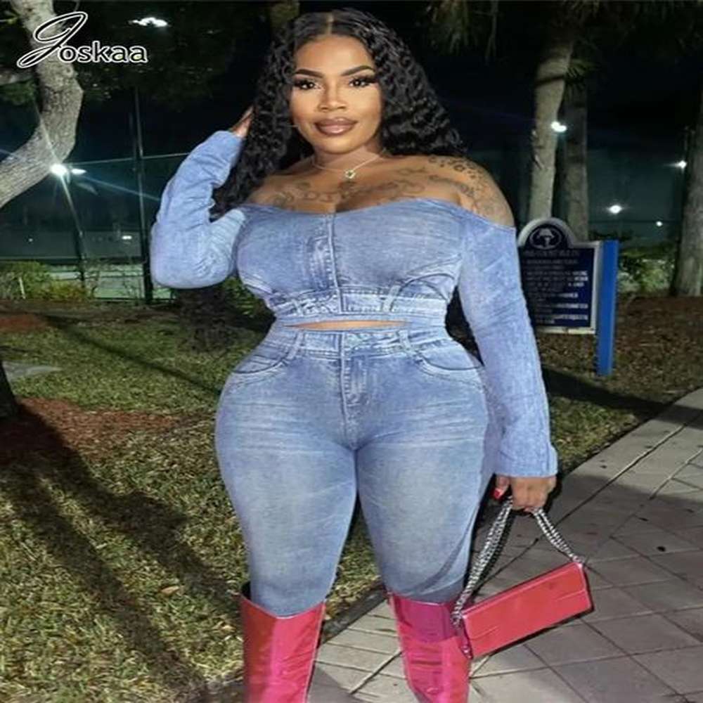 joskaa sexy denim print two piece set women hipster off