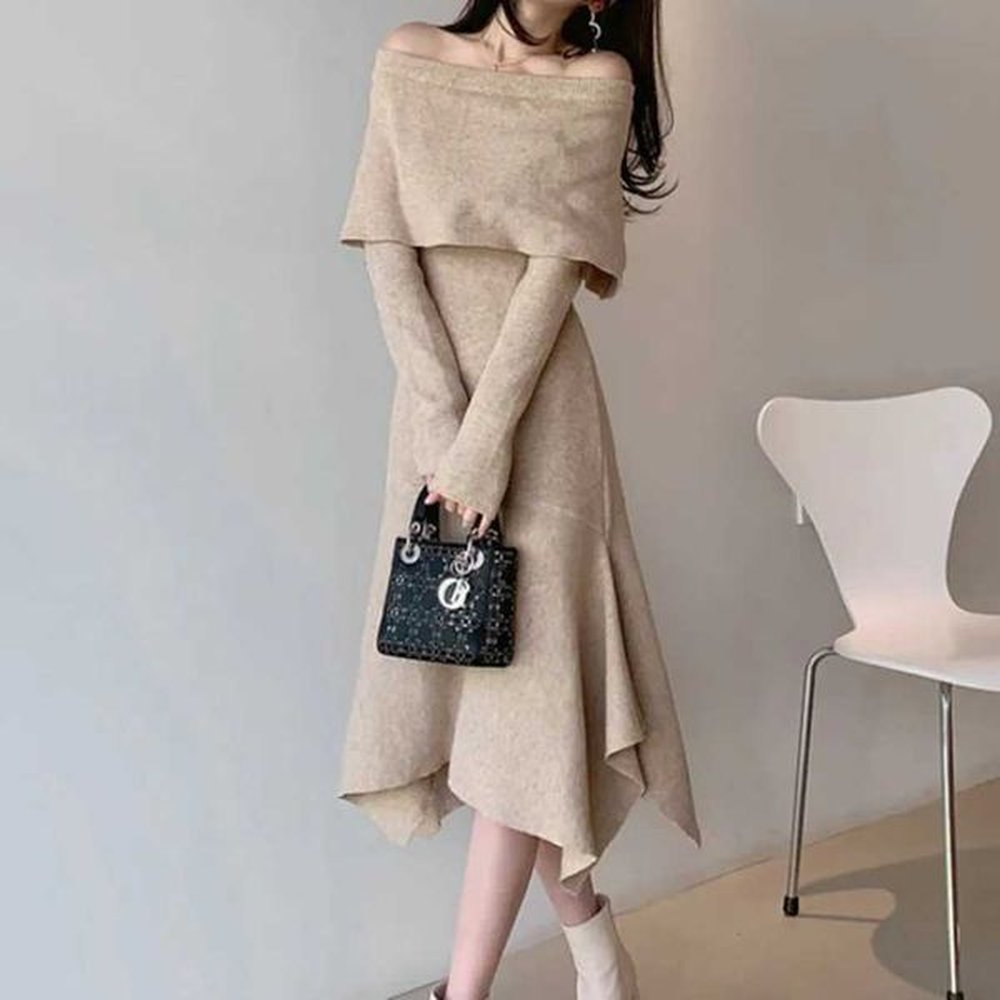 jsxdhk womens fashion slant neck midi knitted dress new korea