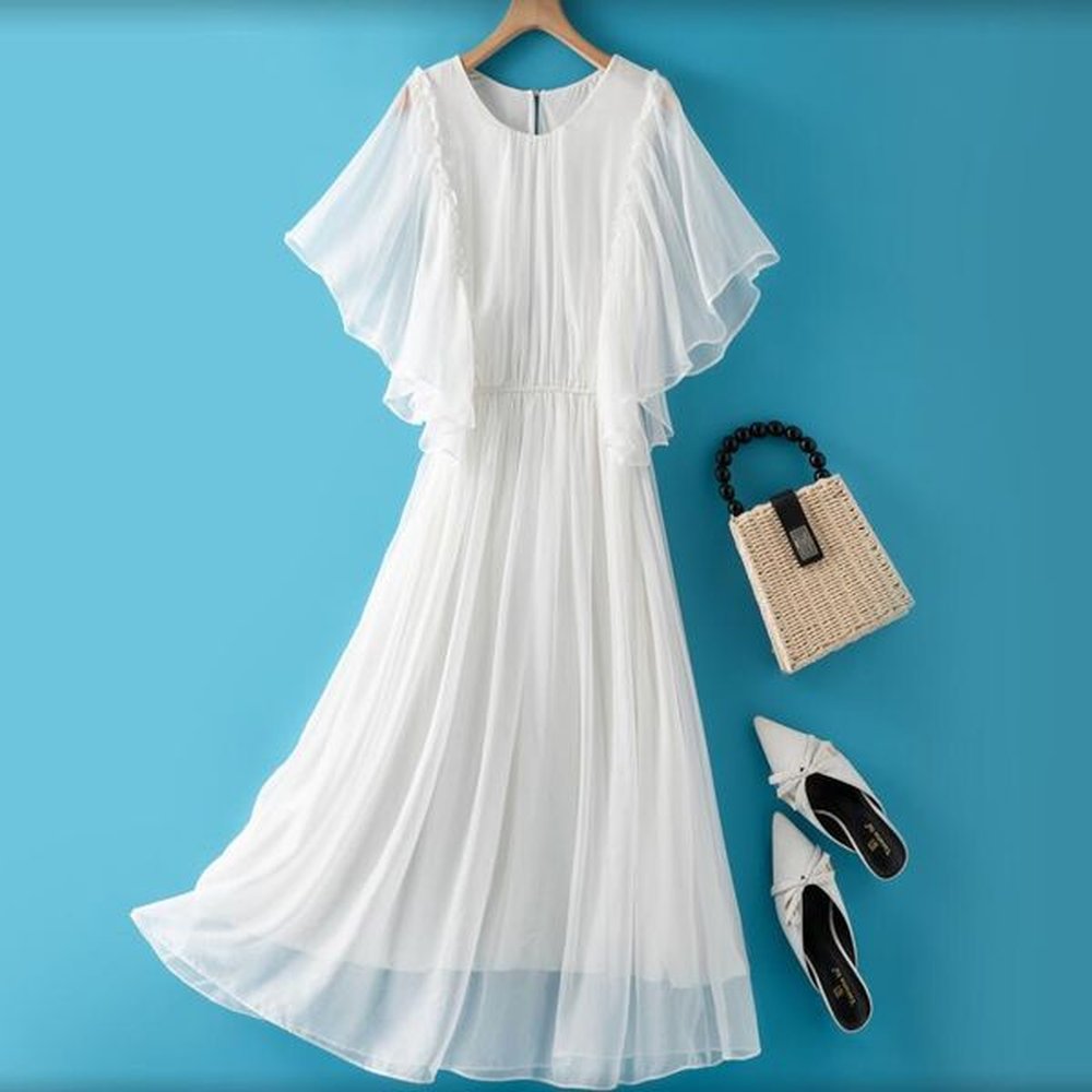 k mulberry silk waist slimming solid color dress fairy flying