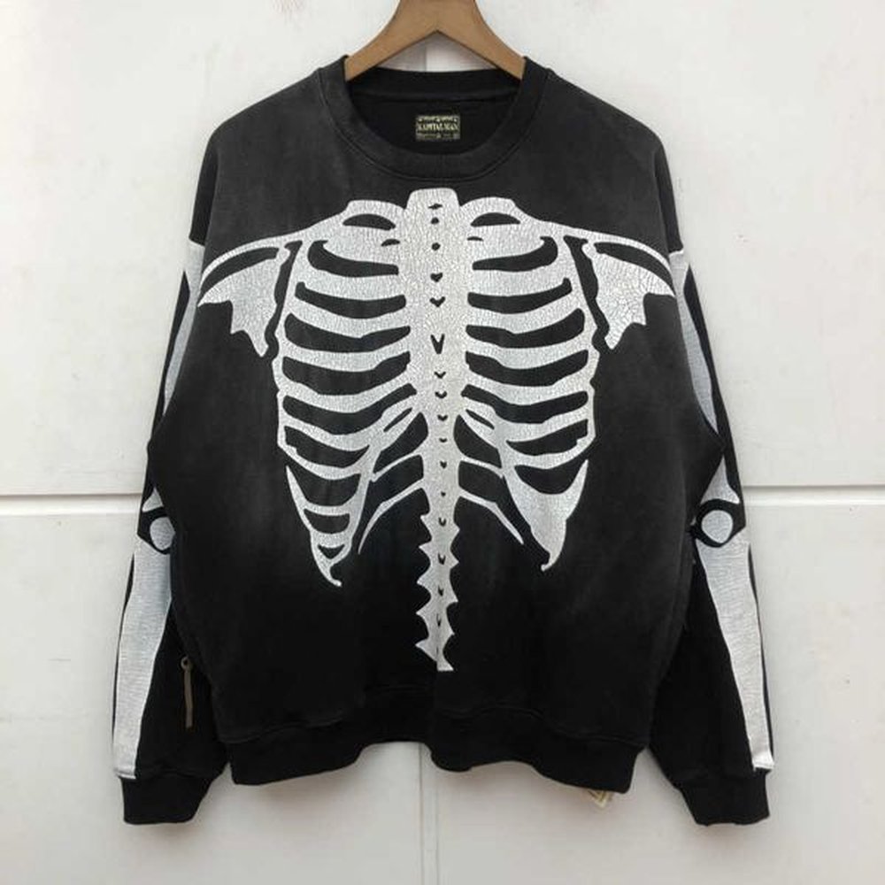 Kapital Hirata hohiro cracked bone skeleton printing used splicing round neck sweater for men