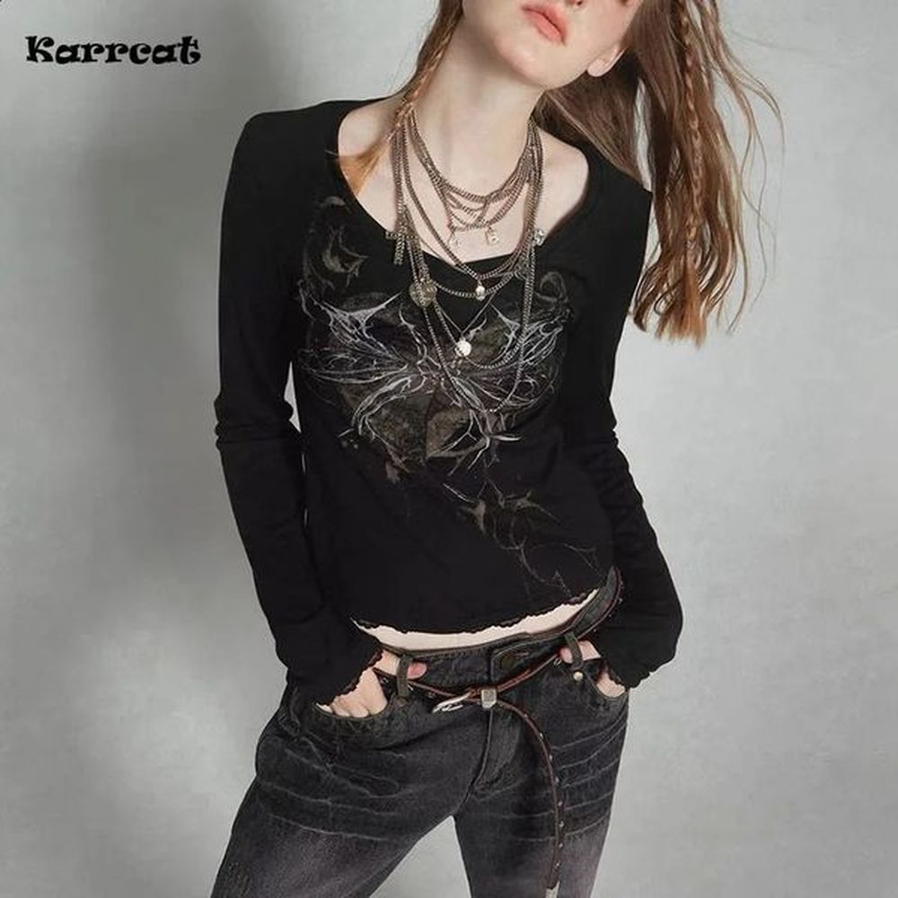 karrcat grunge aesthetics ribbed tops vintage tattoo print long sleeve