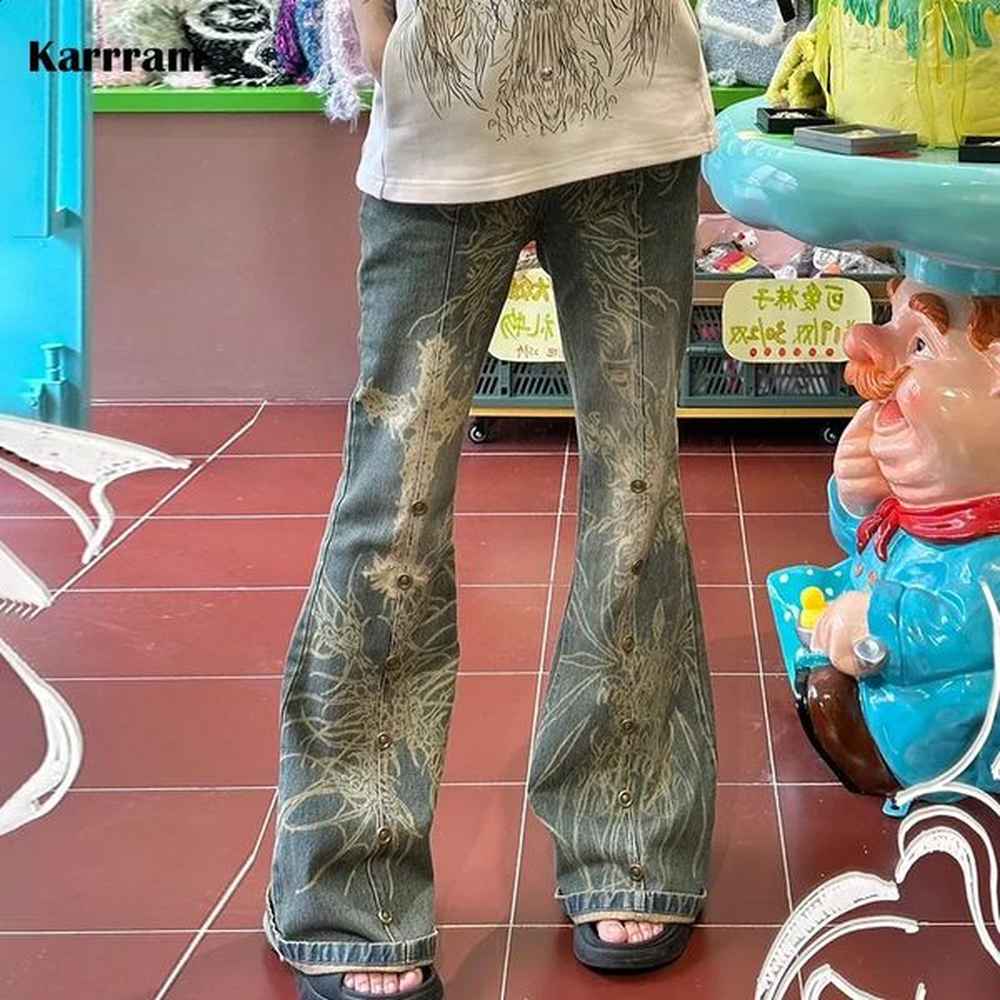 karrram grunge tattoo print jeans vintage distressed flare japanese yk