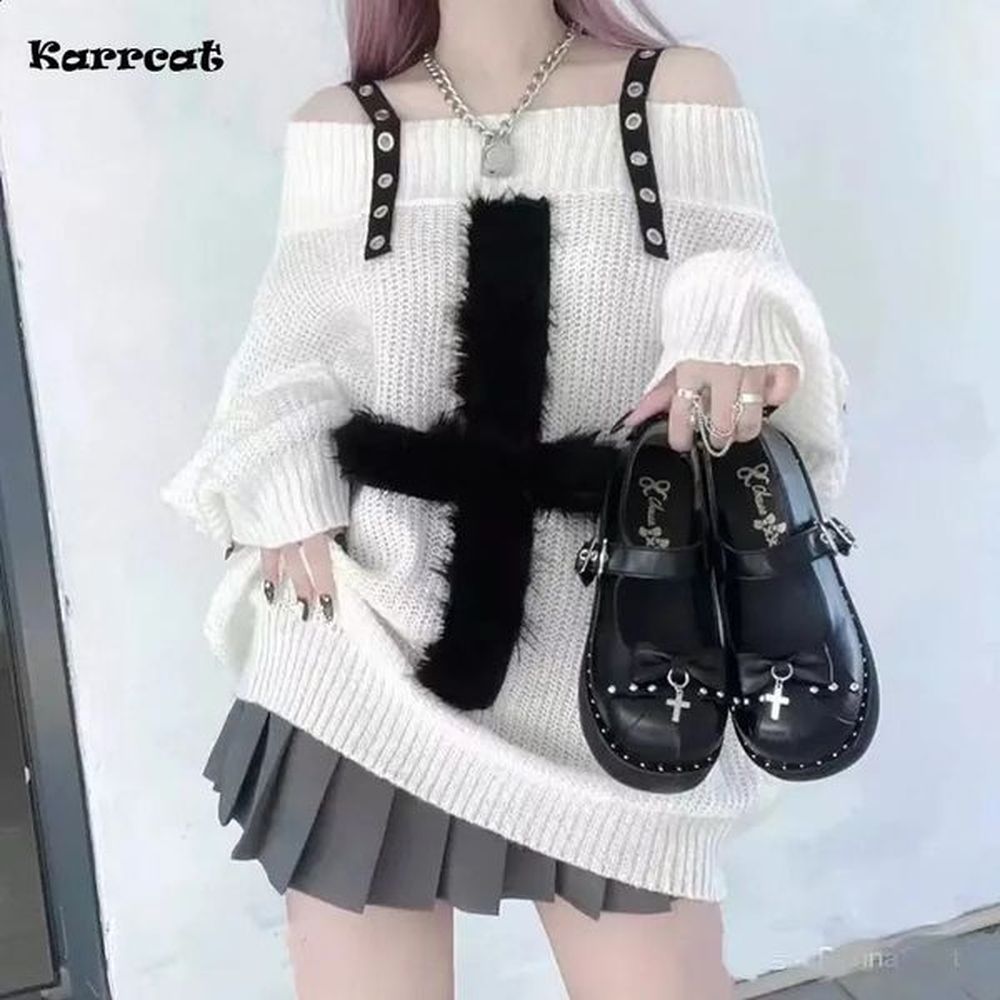 karrram harajuku punk knitwear womens shoulder strap thin sweater cross