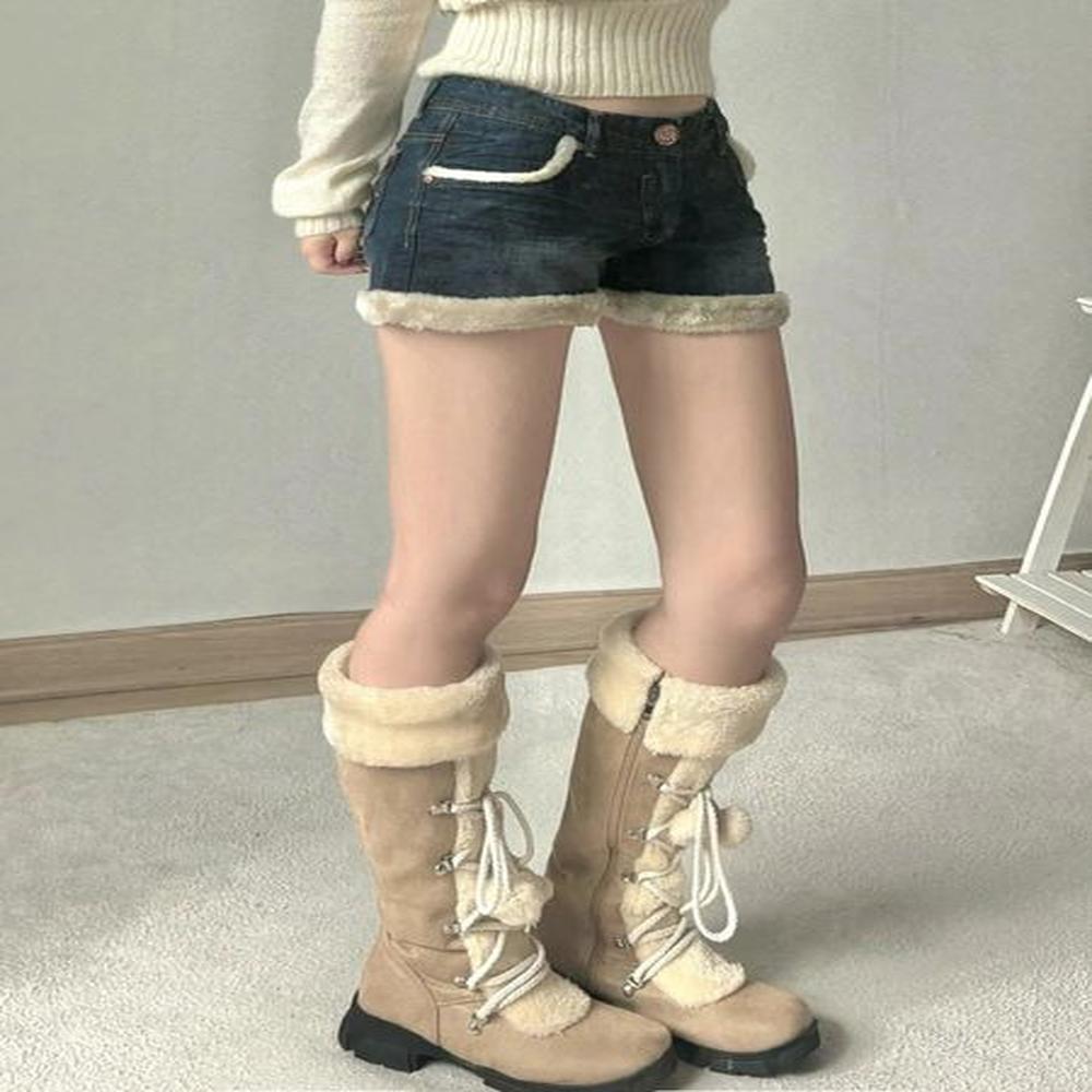 kawaii fluffy trim mini jeans women chic gentle sweet style