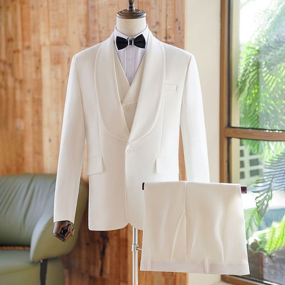 KC00 Men's white suit three-piece host stage performance suit slim handsome groom wedding dinner dress