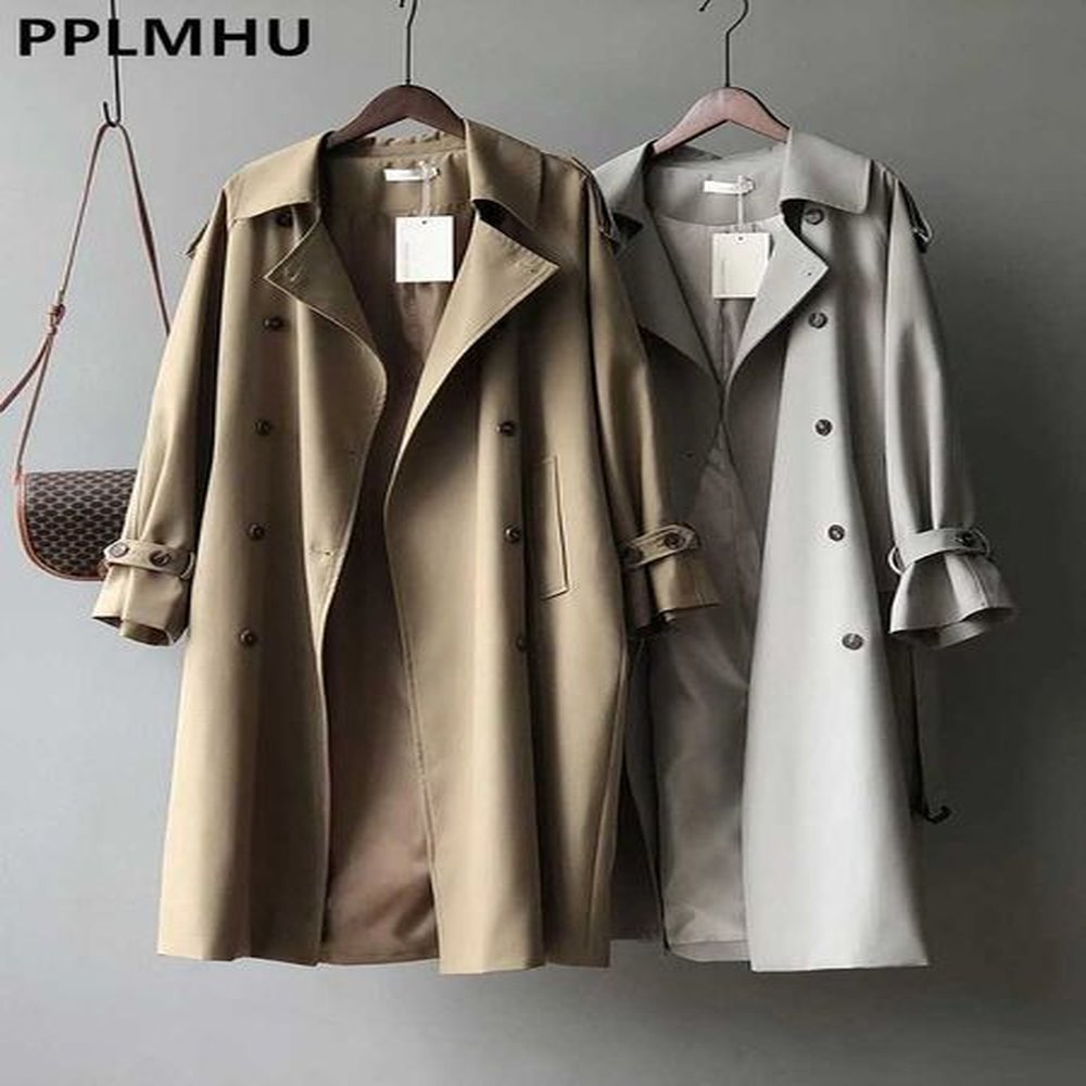 khaki double breasted long trench coats women casual loose korean