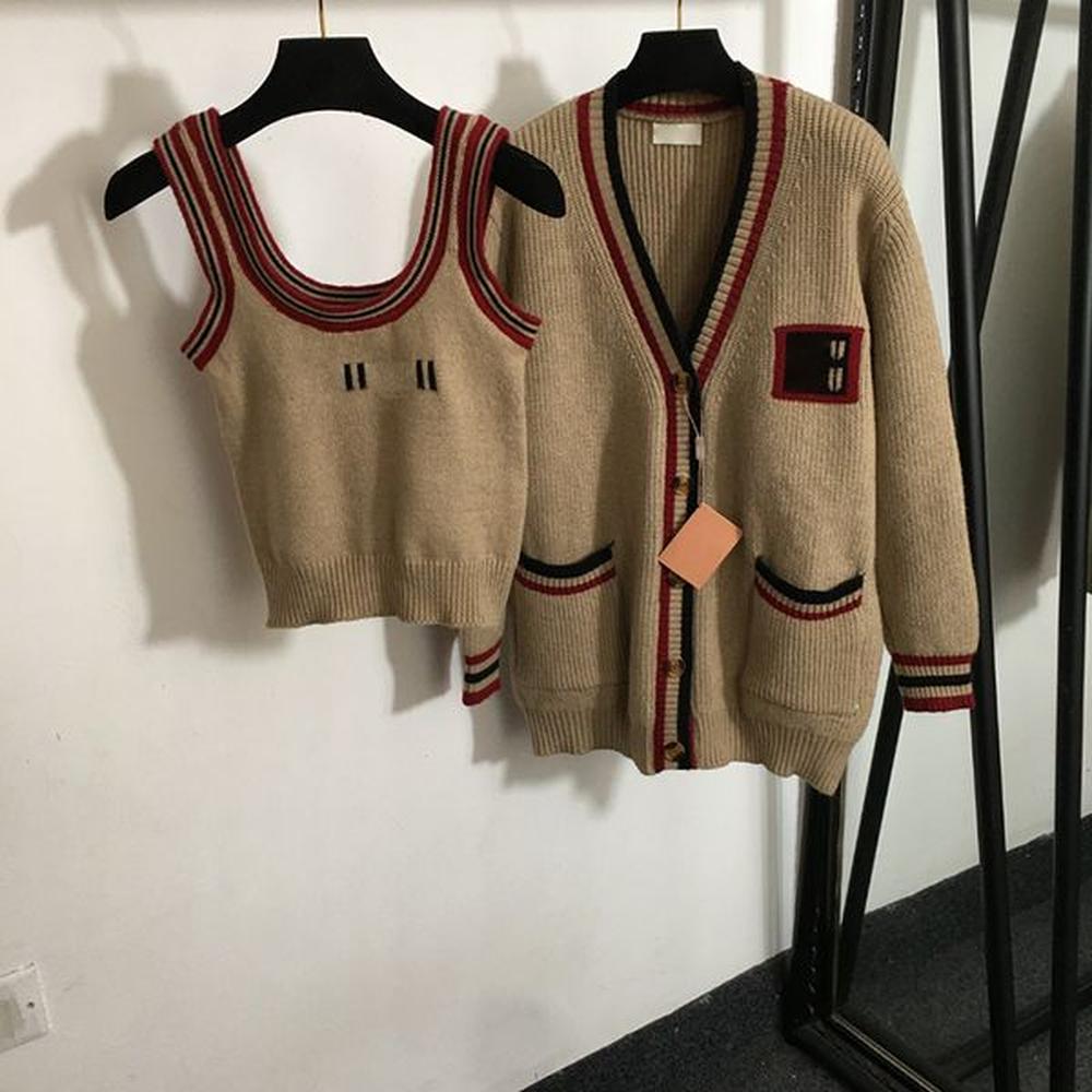 khaki knitted jackets letters jacquard camisoles outerwear v neck cardigan.jpeg