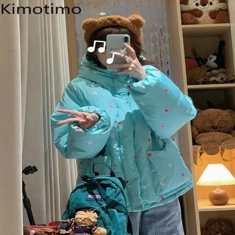 kimotimo floral qulited jacket women winter preppy style loose hooded