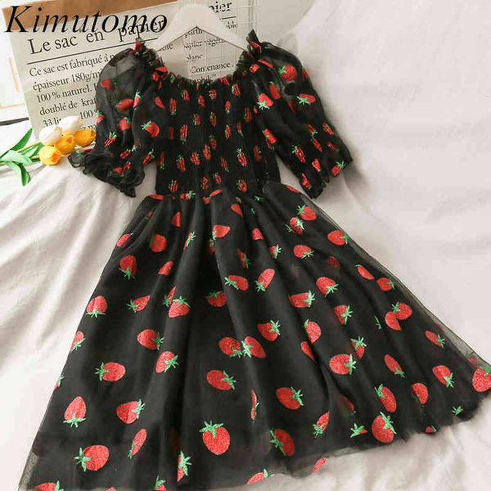 kimutomo girls dress strawberries print sweet fresh style female slash