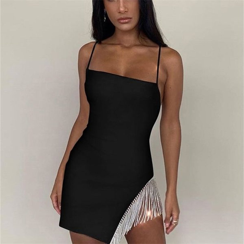 klalien tassel sexy solid strapless sleeveless patchwork bodycon dress summer