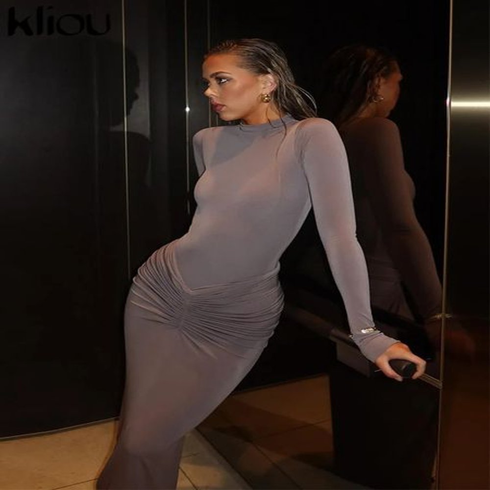 kliou shirring women classic maxi dress autumn solid long sleeve