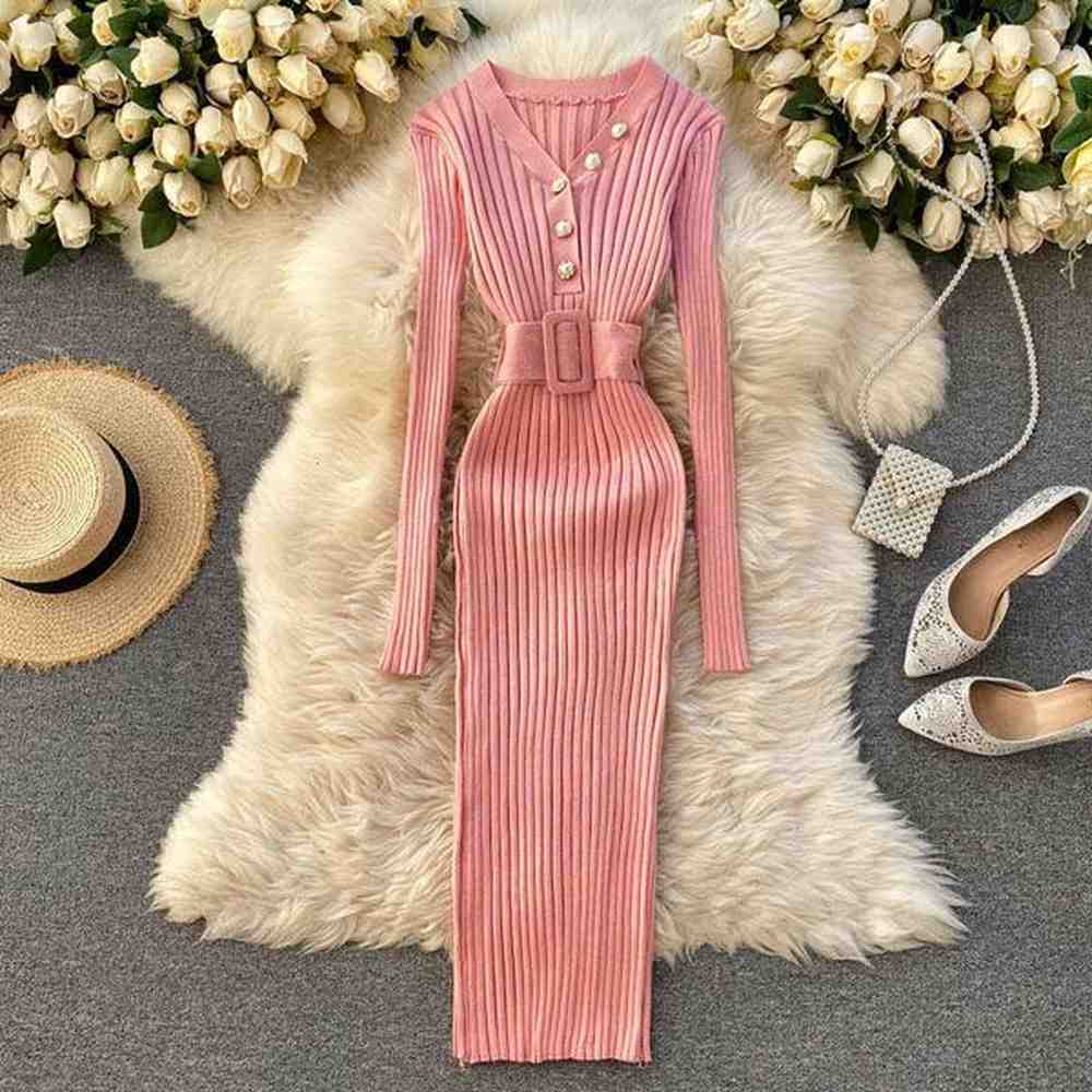knitted dress new autumnwinter design feeling waist belt and pit