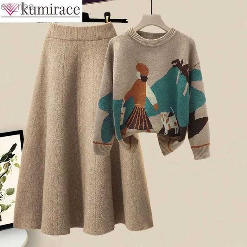 knitted sweater skirt set winter cartoon print slim fit