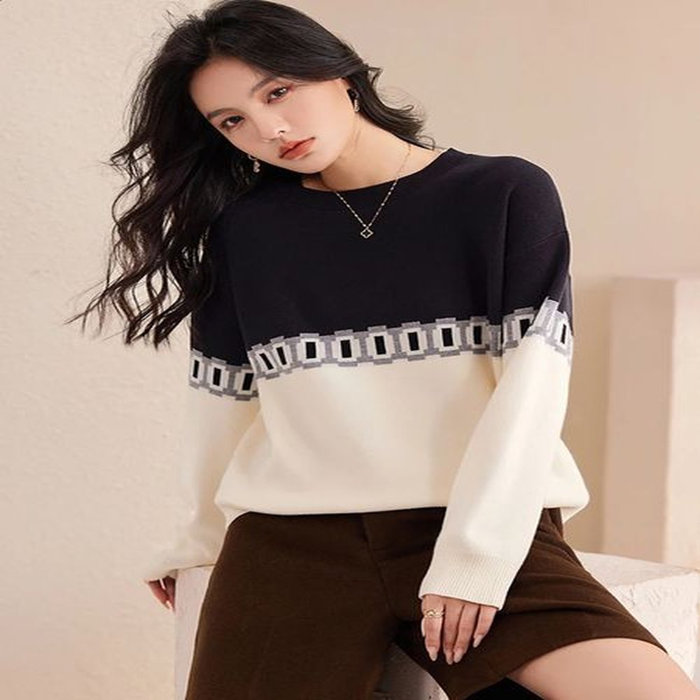 knitted sweater womens autumn fashion contrast color casual version long