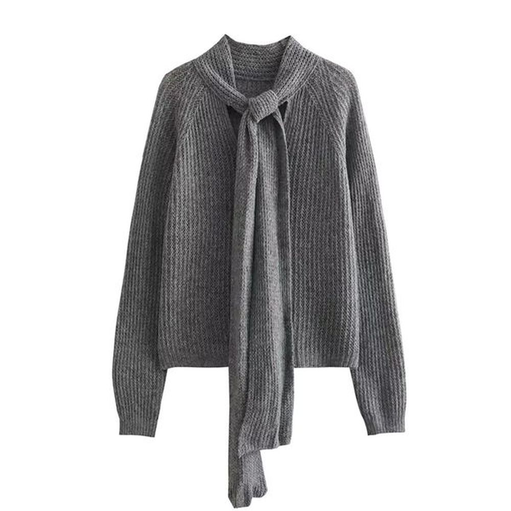 knitted tie high class grey long sleeve fashion oneck women
