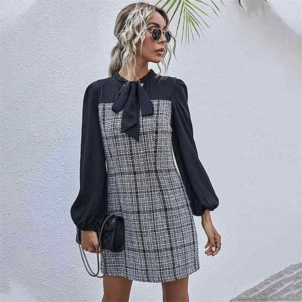 knitted tweed plaid bowknot winter dress women lantern sleeve vintage