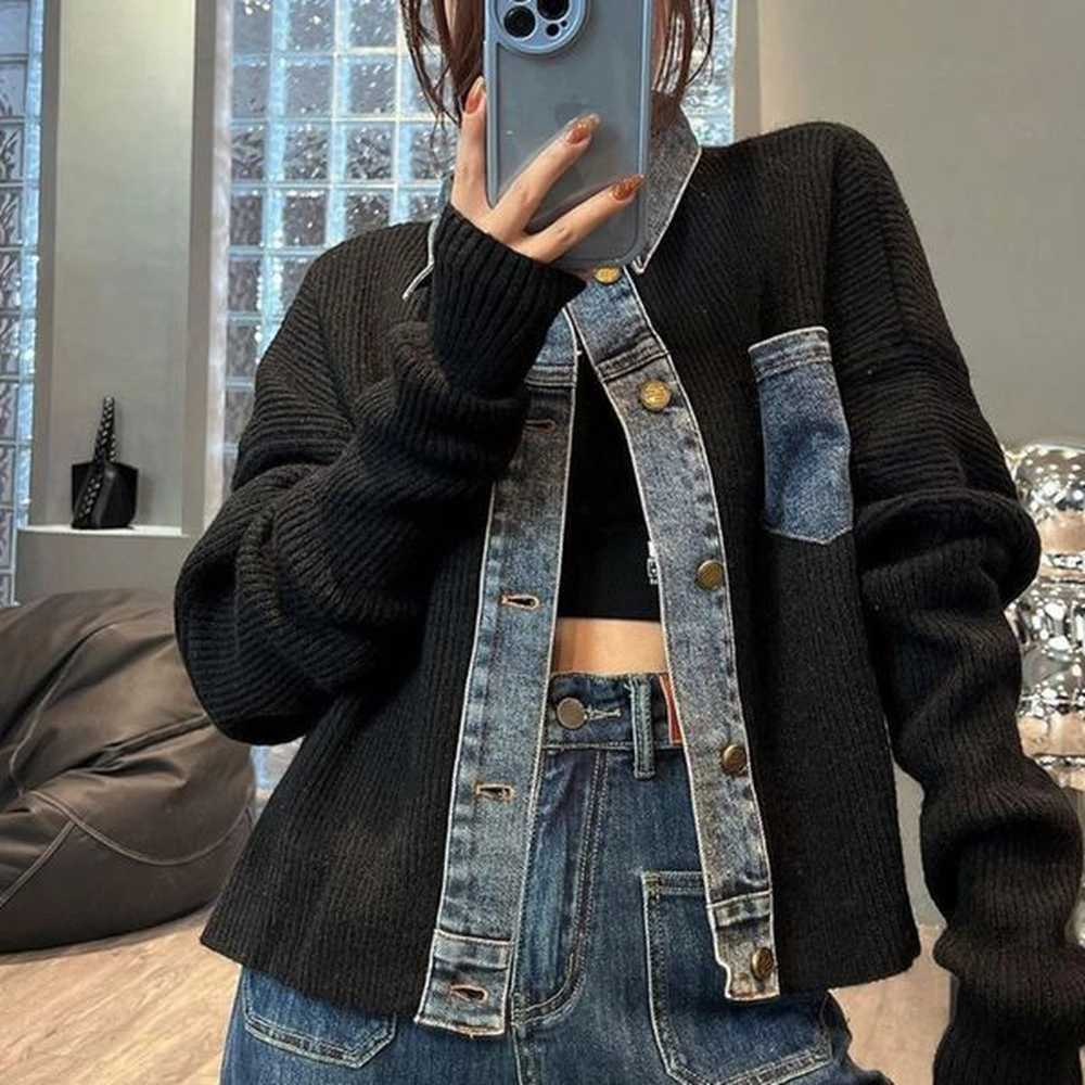 knitted woman jean coat short grey denim jacket for women