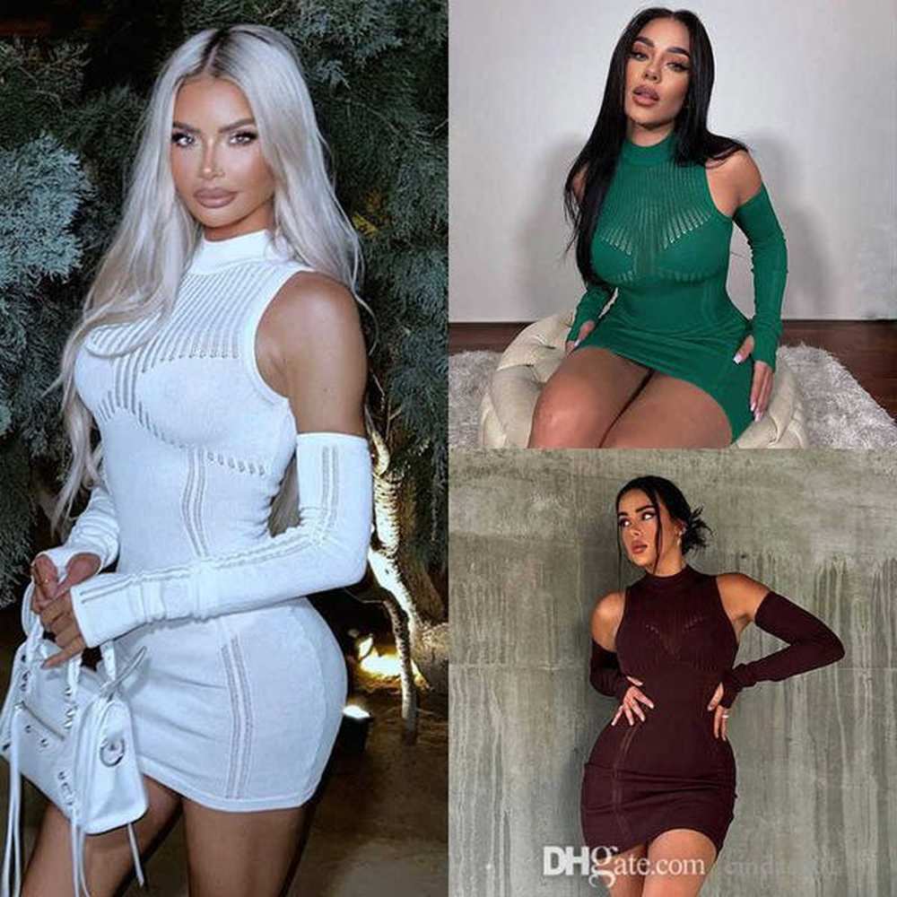 knitted womens dresses sexy perspective tight round neck stitched long