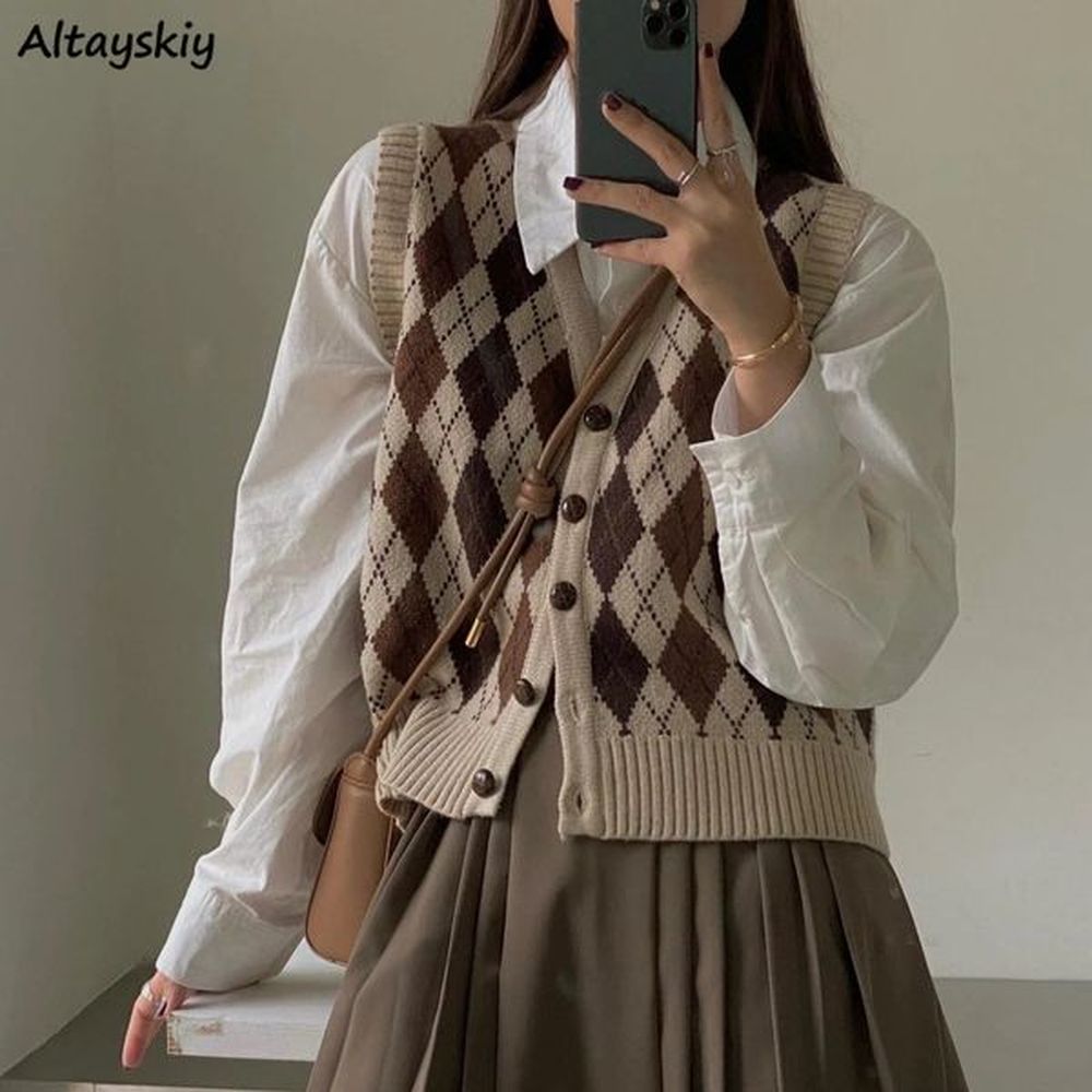 knitting sweater vest women retro allmatch single breasted argyle vests