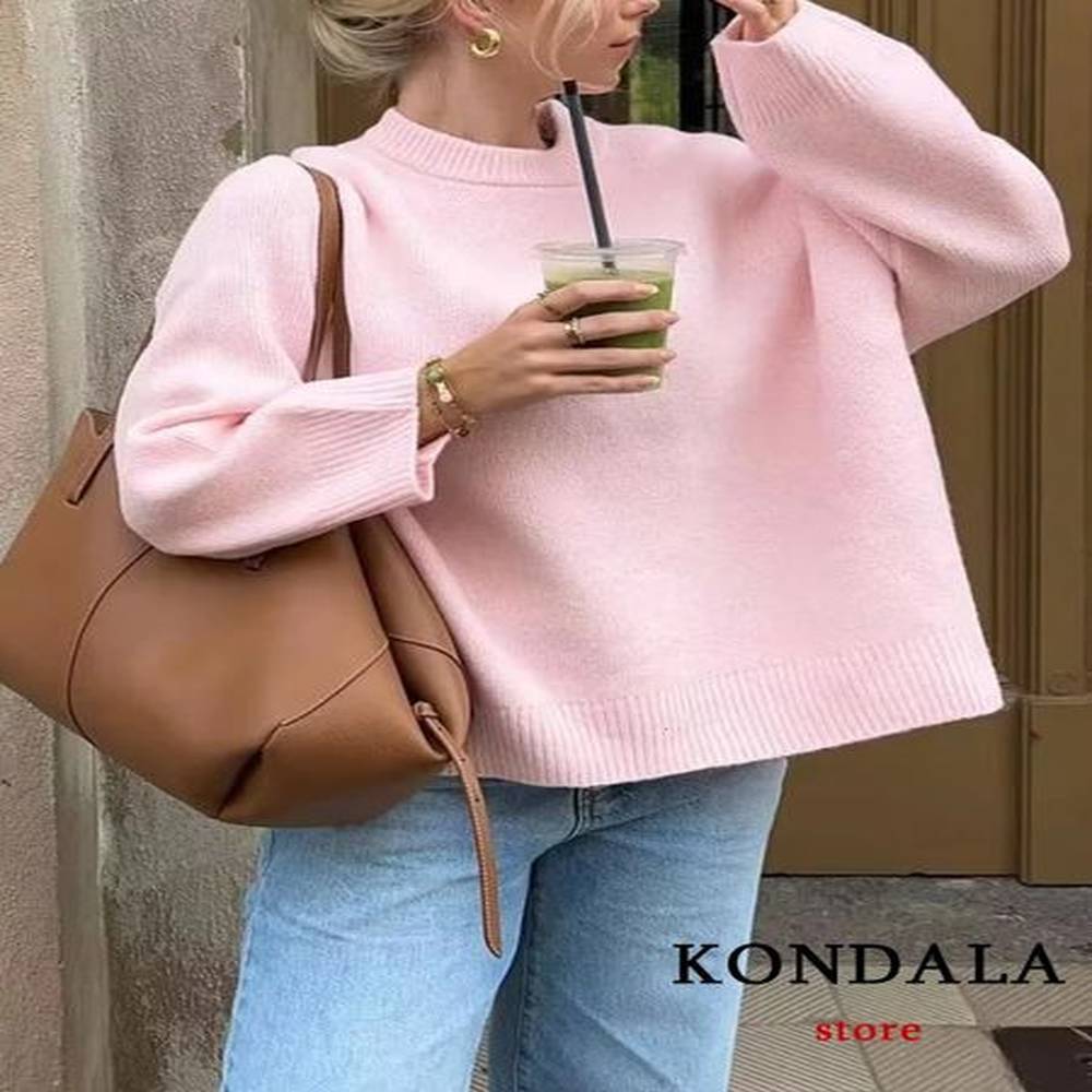 kondala fashion casual solid pink womens knitted sweater oneck long