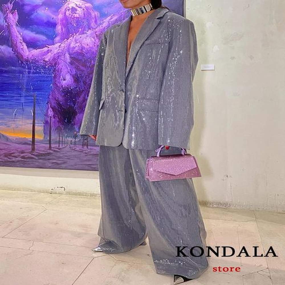 kondala vintage gray sequined oversized blazer suit women long sleeve
