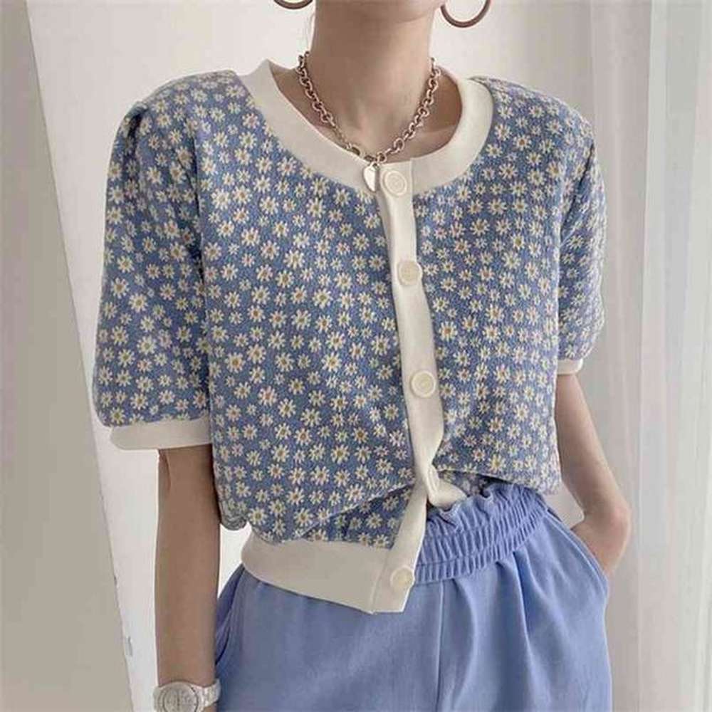 korea style women floral printed knitted cardigans spring blue daisy