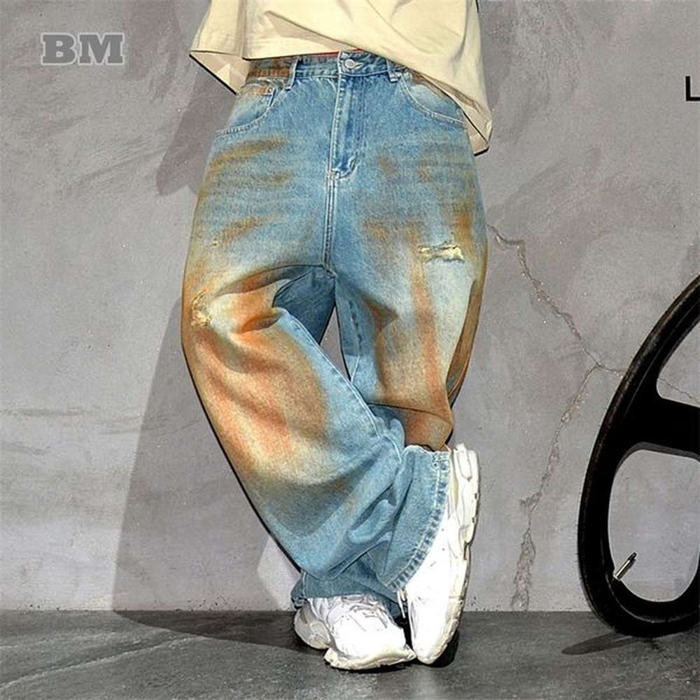 Korean clothing hip-hop bag jeans mens clothing Kpop Distressed Ripped denim cargo pants street clothing mens clothing 240829