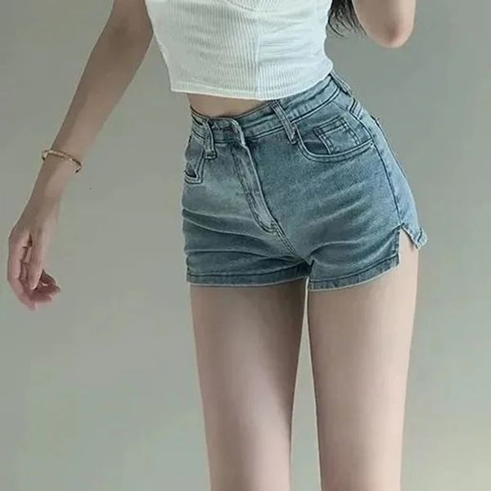 korean denim shorts women side split blue sexy low waist