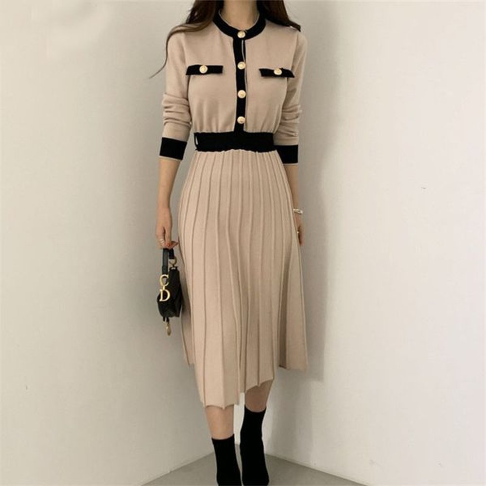 korean elegant knitted long dress women colorblocked singlebreasted long sleeve