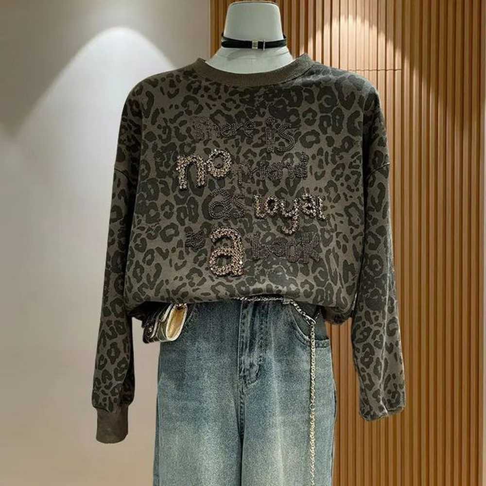 korean fashion autumn winter women oneck leopard diamonds simplicity office