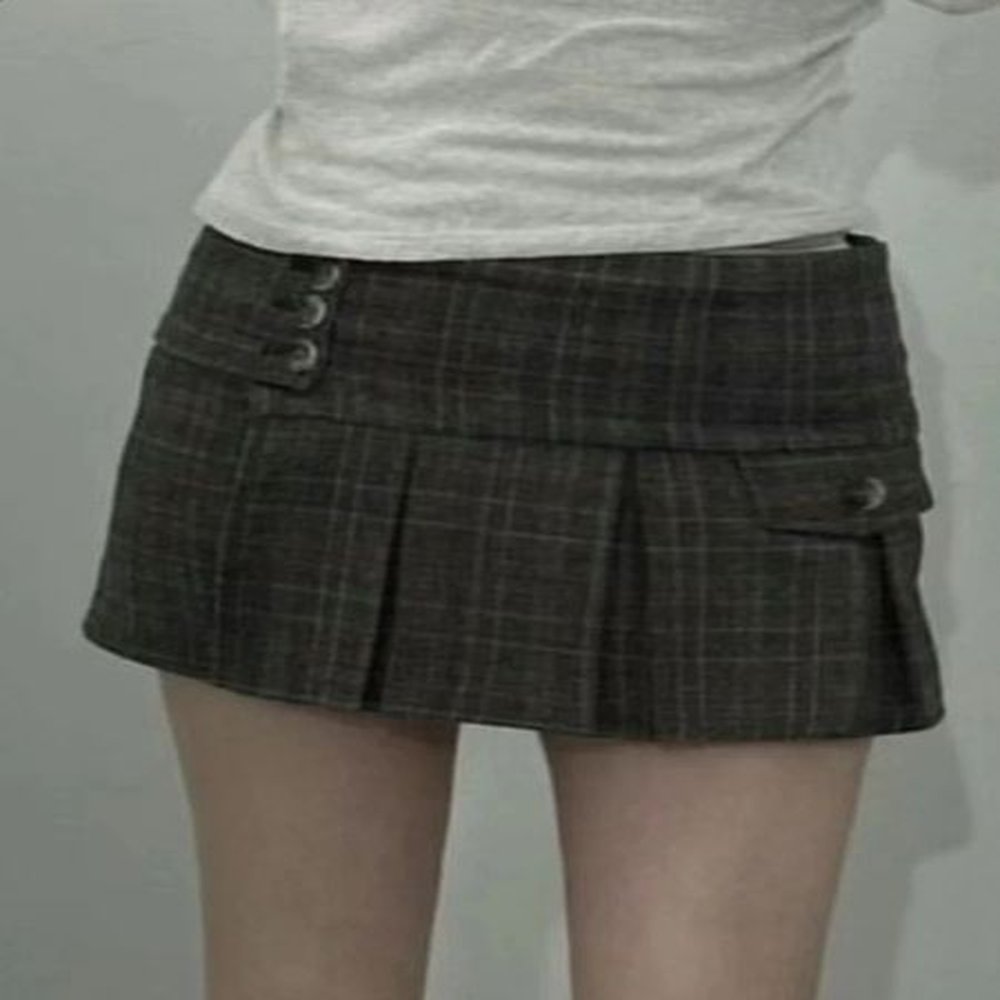 korean fashion plaid pleated skirt women low waist buttons irregular