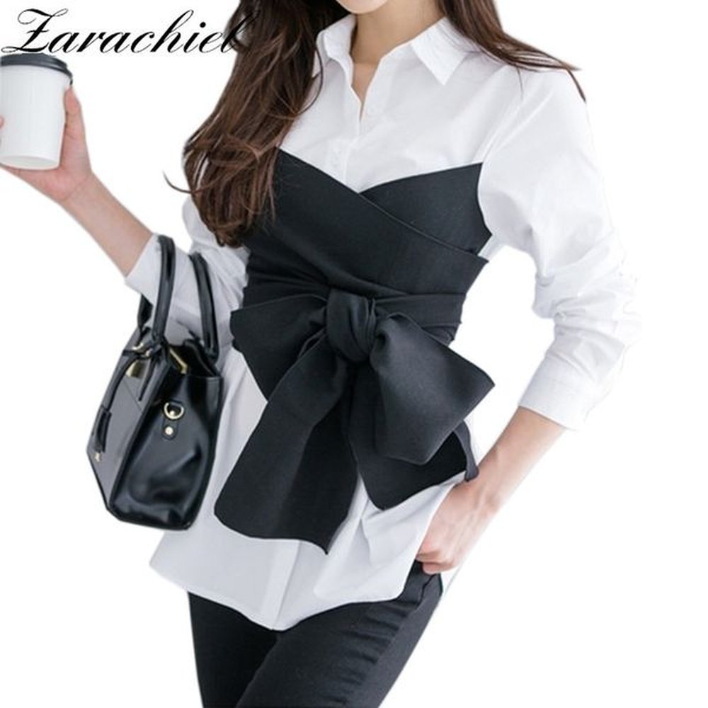 korean fashion whitegrey striped bowknot tie blouse women black bow