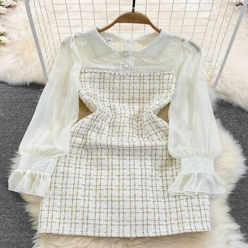 korean fashion women woolen tweed dress autumn winter plaid tweed