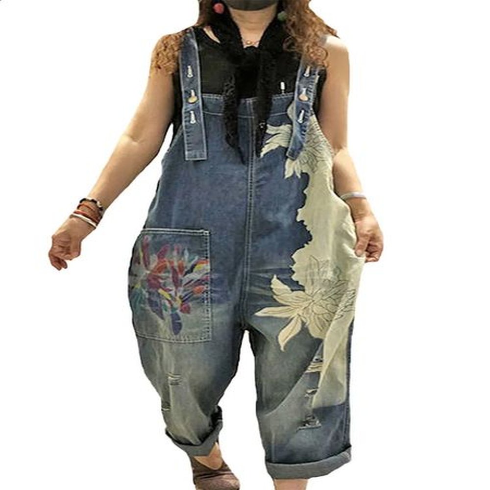 korean females fashion overalls ladies spring printed denim harem