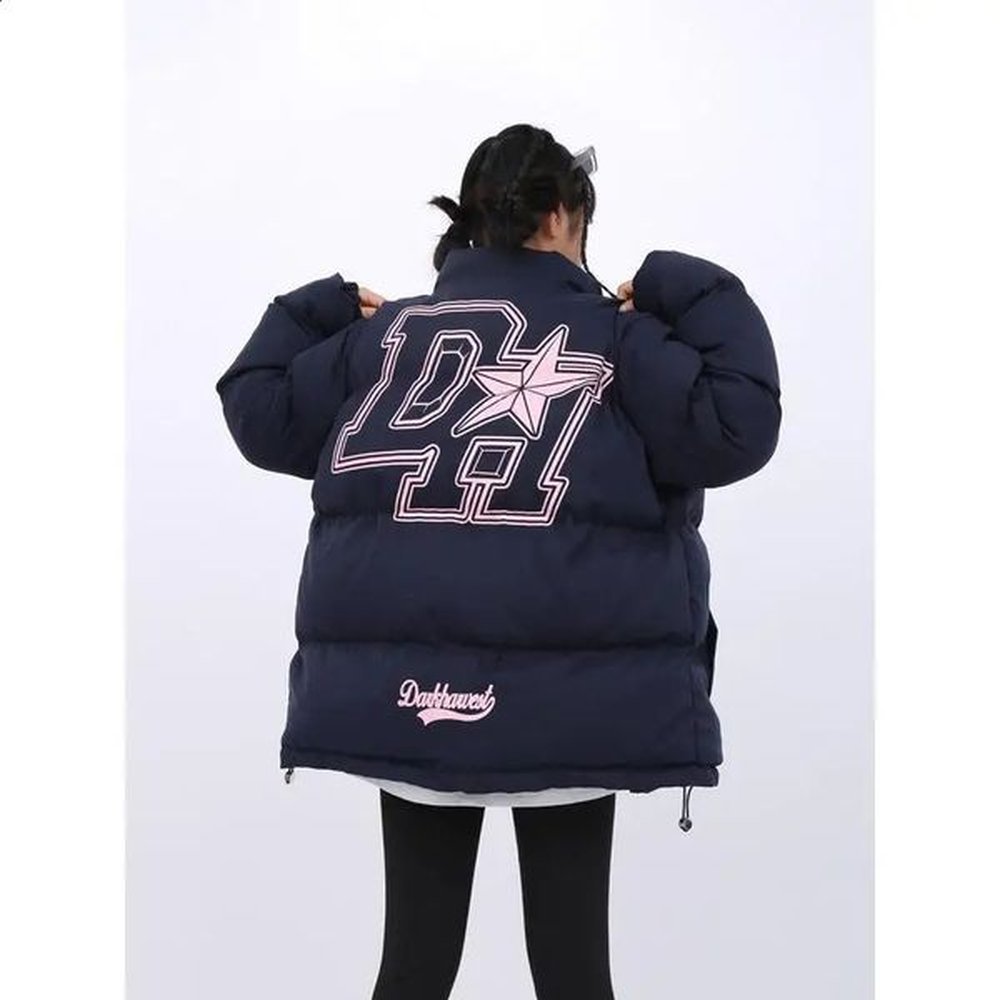 korean retro simple blue hollow letter parkas thick jacket womens