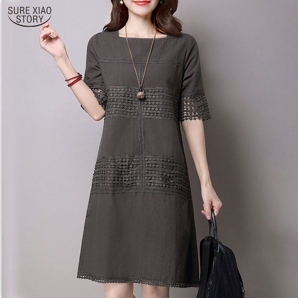 korean short sleeve kneelenght solid cotton hemp women dress summer