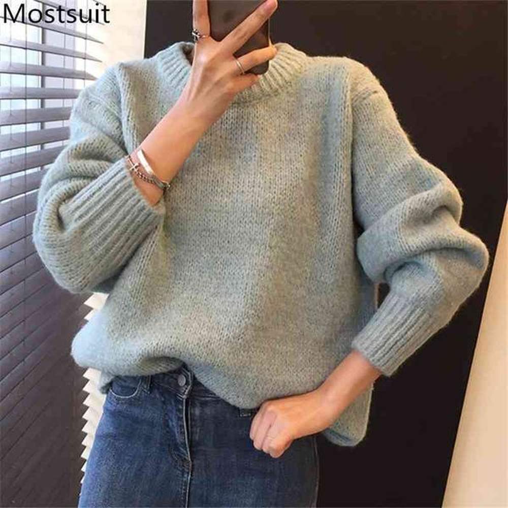 korean solid women sweaters pullovers winter long sleeve oneck basic