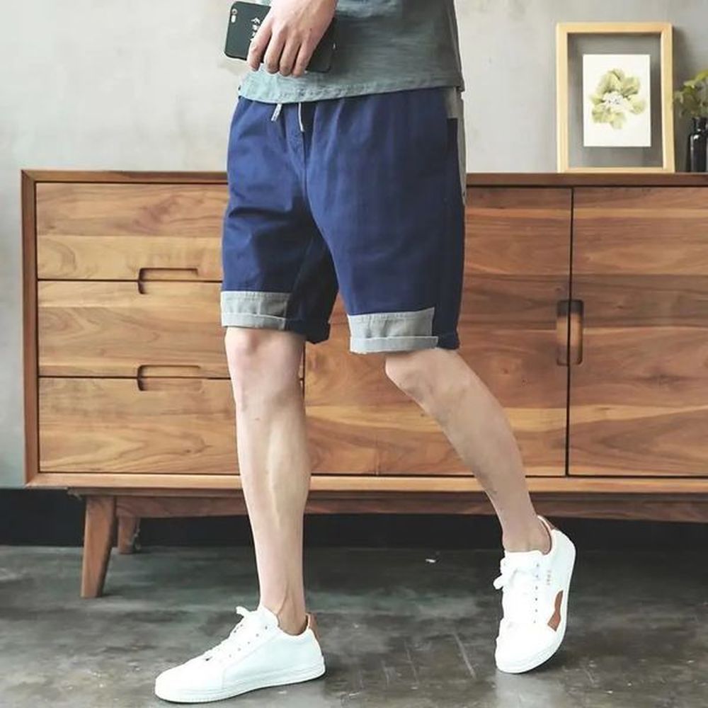 Korean Streetwear Summer Casual Shorts Mens Elastic Waist Pockets Cootrast Color Trend Versatile Loose Knee Length Cargo Pants 250118