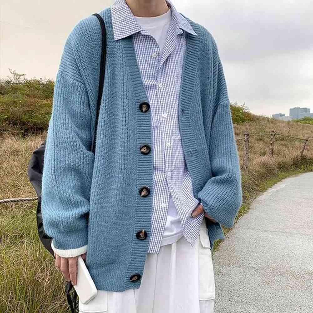 Korean style fashion solid color mens knitted cardigan single chest long sleeved sweater jacket 241206