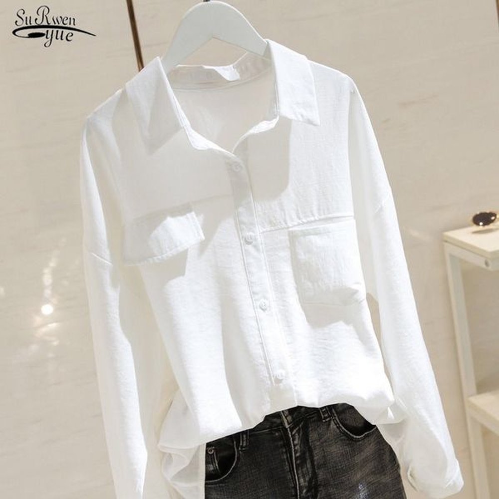 korean style longsleeve shirts women cotton casual white blouse for