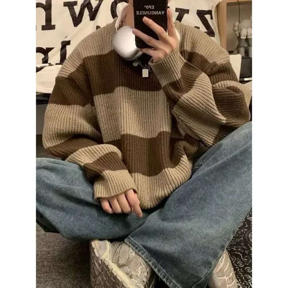 Korean style patch work striped sweater suitable for men in autumn and winter lazy and loose knit sweater round neck retro trendy sweater 24