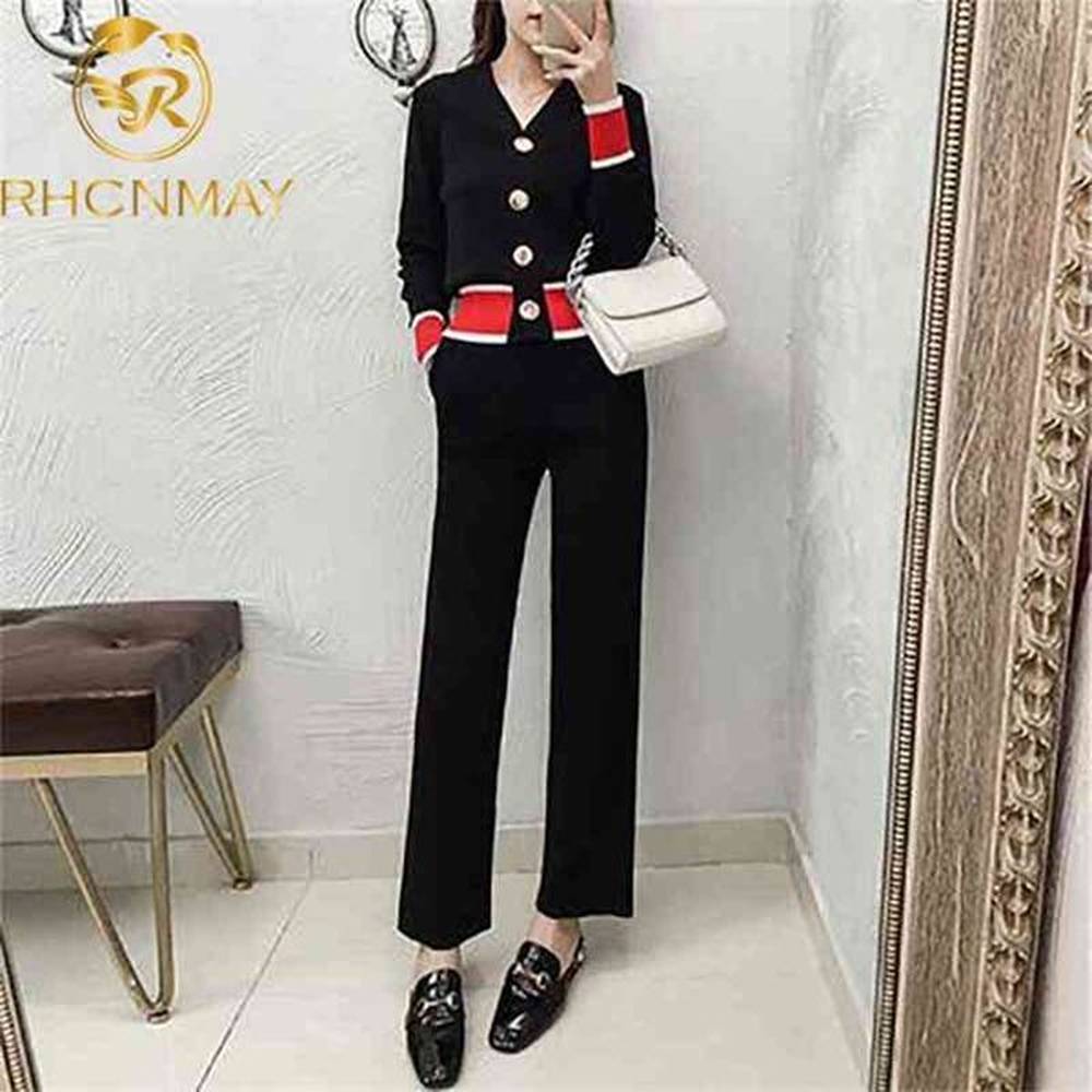 korean version fashion temperament striped knitted suit single breasted vneck