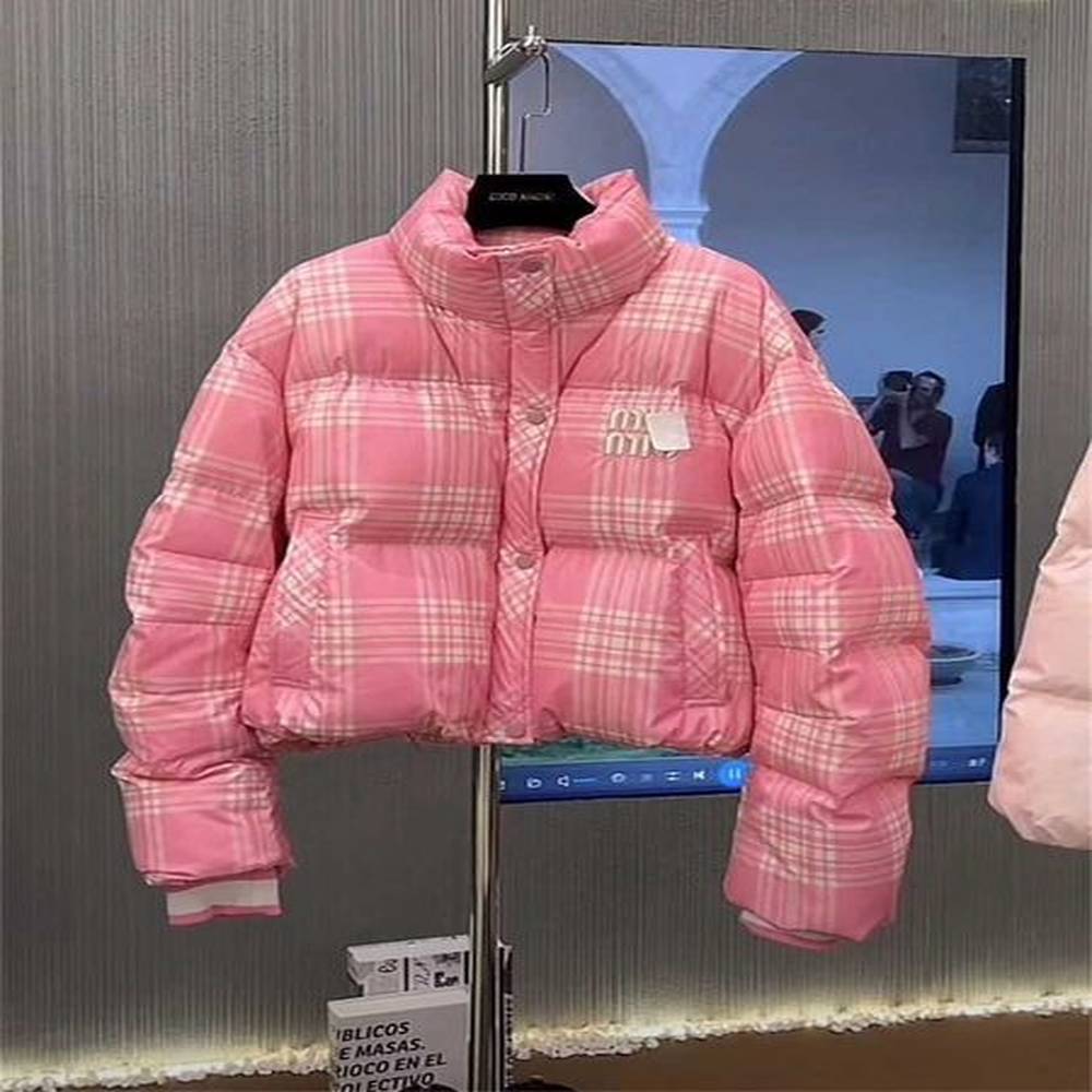 Korean version pink plaid down jacket for women in winter fashionable and stylish versatile stand up collar bread jacket trendy