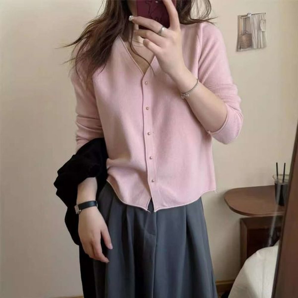 korean version small rolled edge gold button sweater jacket
