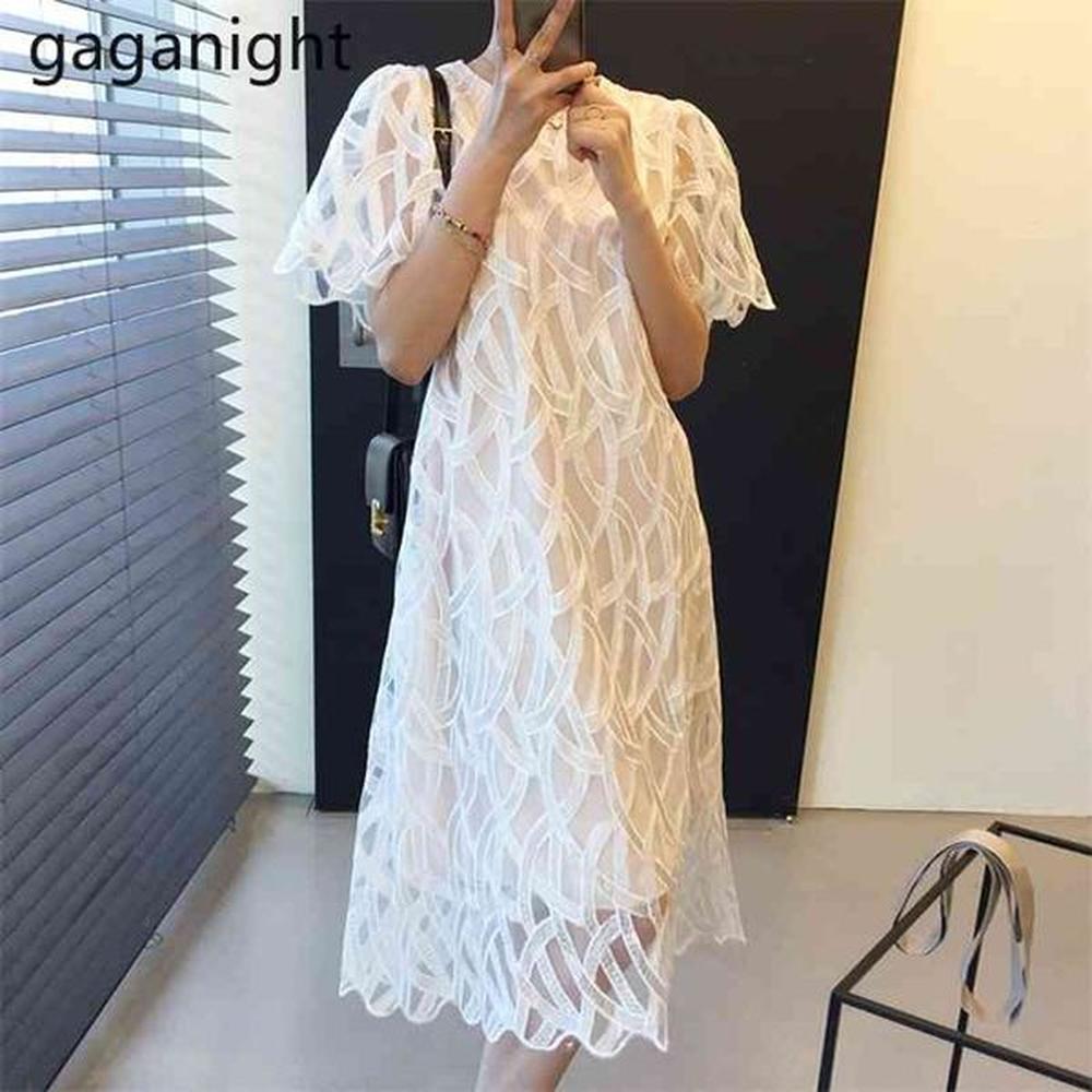 korean women elegant white dresses summer lace hollow crochet midi