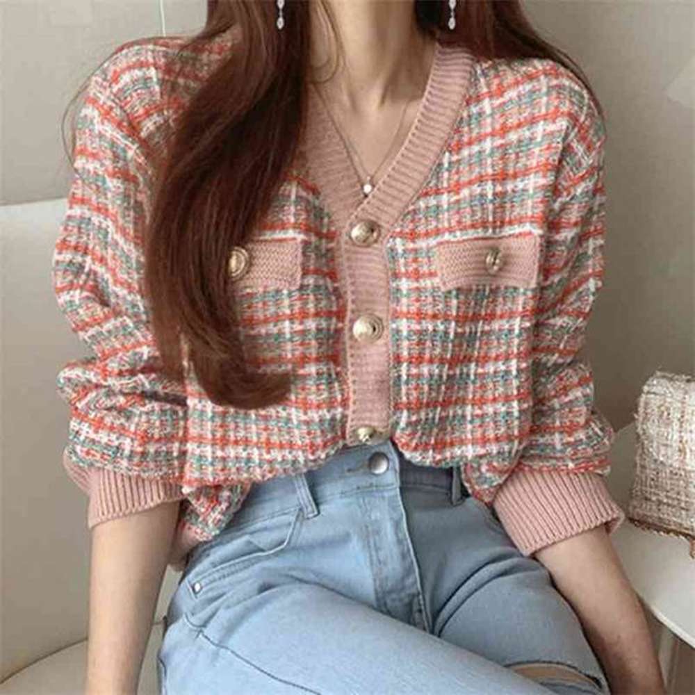 koreanstyle chic vintage multicolor plaid vneck singlebreasted loose longsleeved knitted