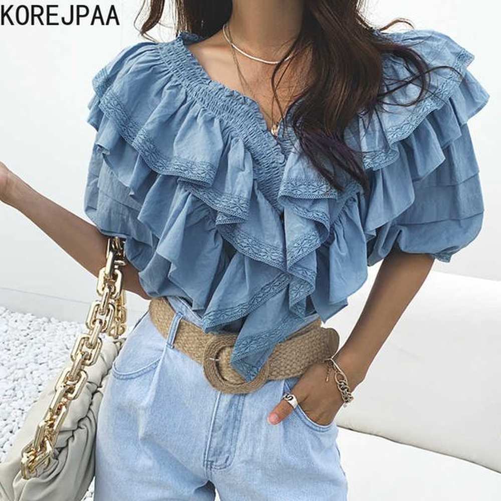korejpaa women shirt summer korean retro elegant folds vneck lace