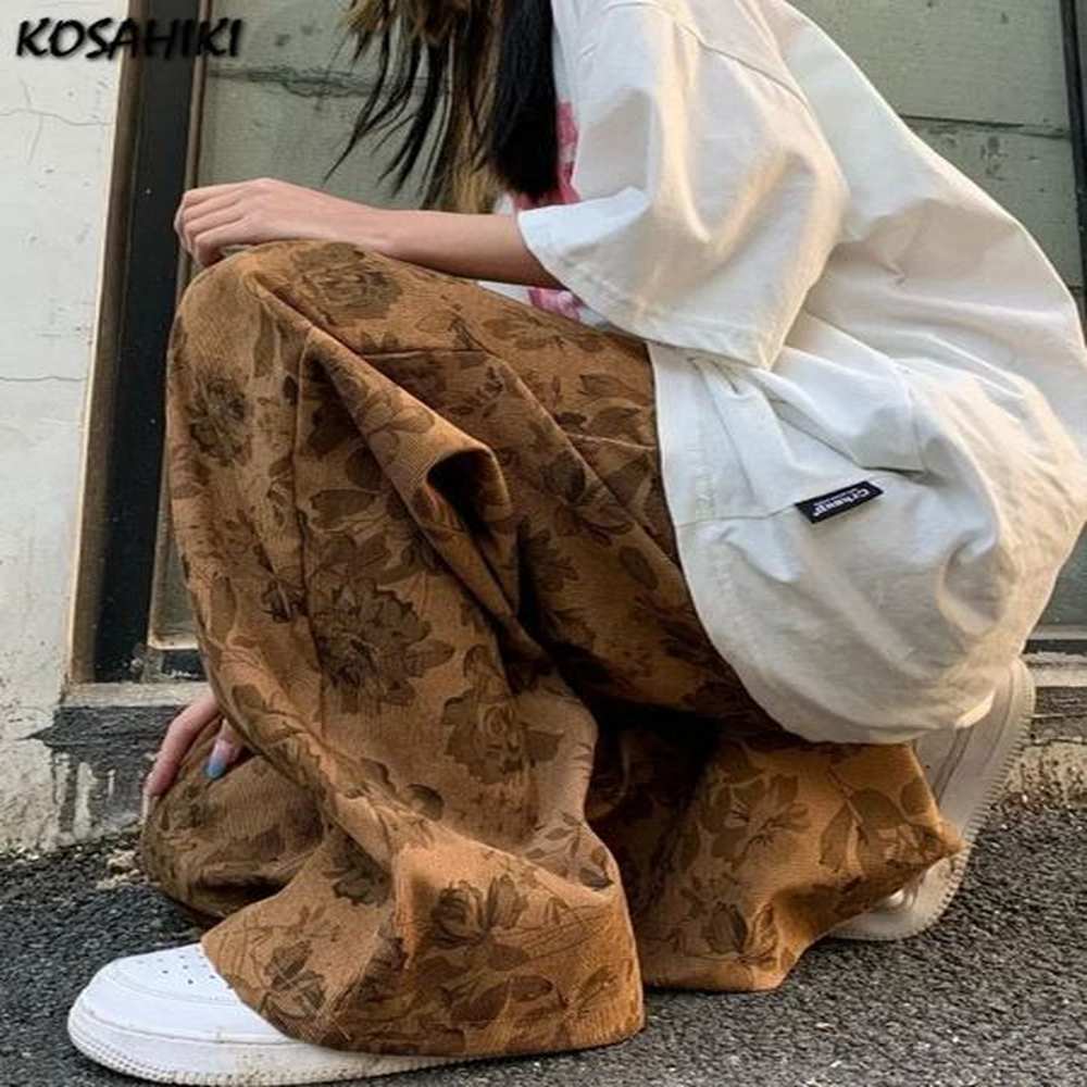 kosahiki yk goods corduroy pants fashion retro printed high waist